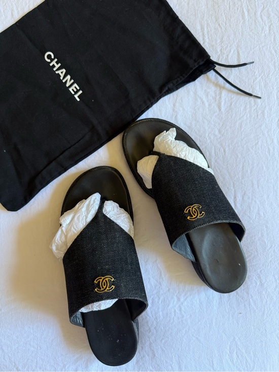 CHANEL Shoes - CHANEL Vintage Black Denim Slide/Thong Sandals with Gold CC Logo
